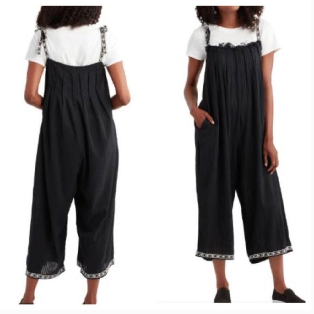 NWOT World Market Black Boho Embroidered Tie Strap Wide Leg Crop Jumpsuit